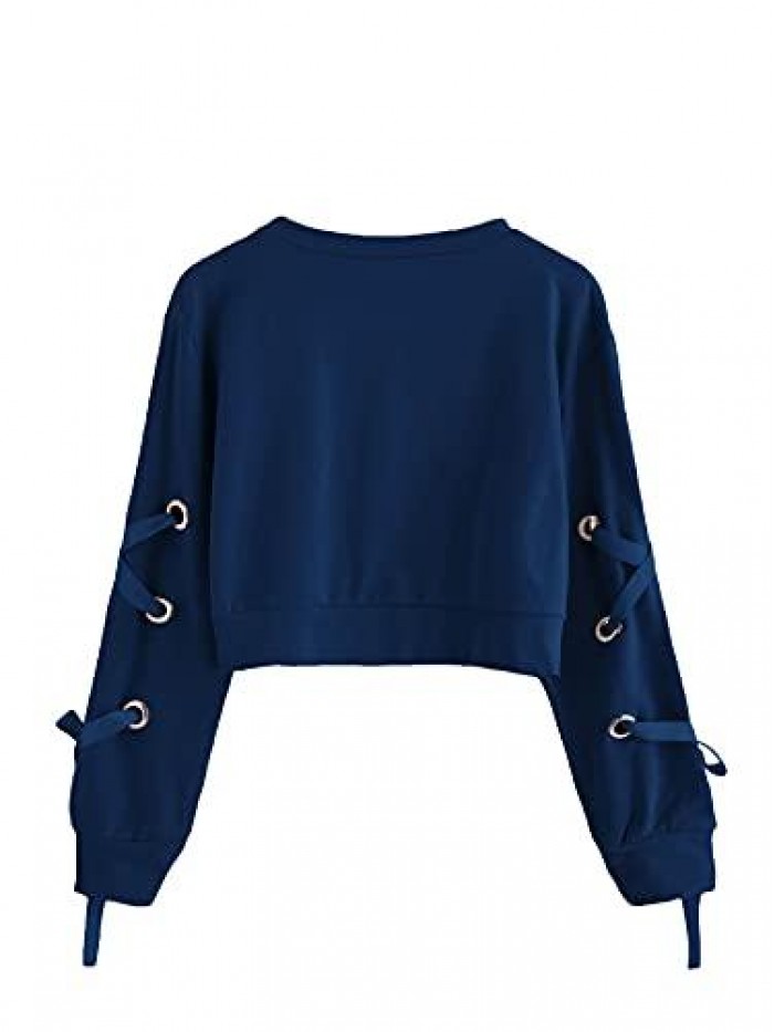 Women's Casual Lace Up Long Sleeve Pullover Crop Top Sweatshirt 