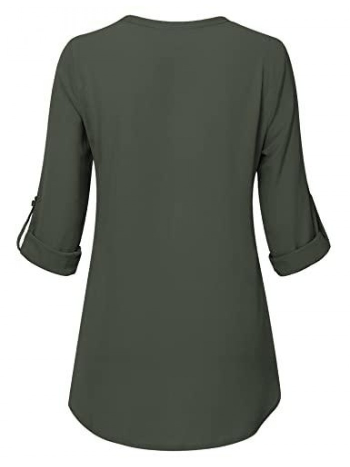 Women's Casual Chiffon V Neck 3/4 Sleeve Blouse Tops 