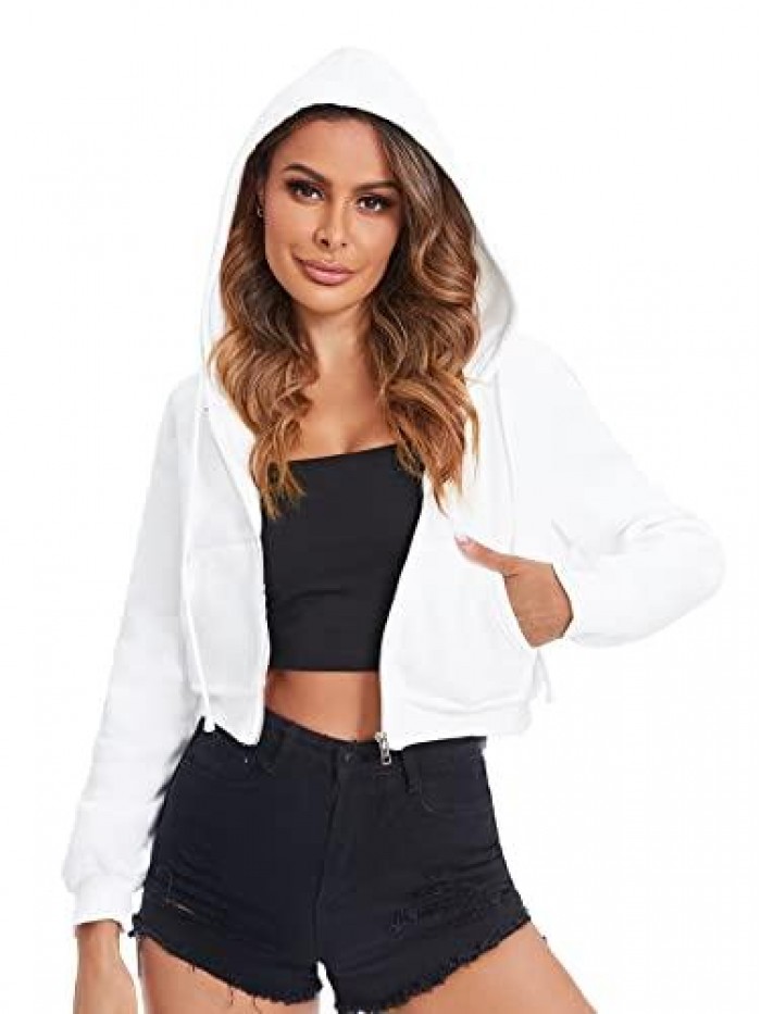 Women's Casual Long Sleeve Zip Up Cropped Hoodie Jacket with Pockets 