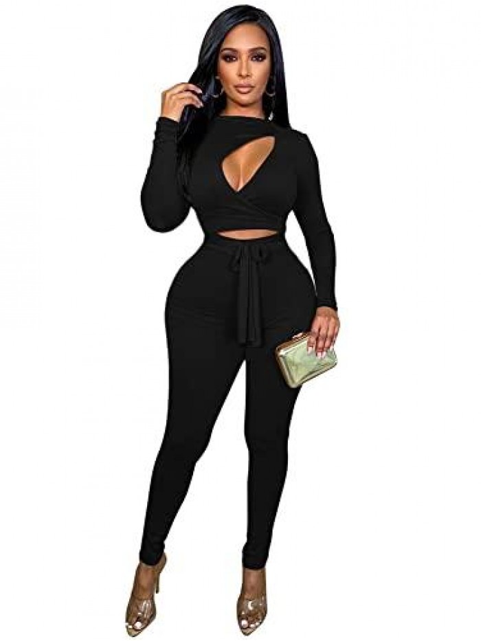 Women's Long Sleeve Bodycon Cutout Wrap One Piece Jumpsuit Romper 