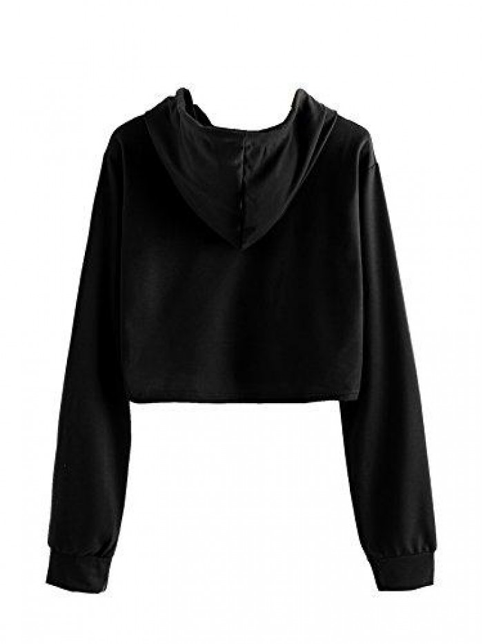 Women's Drawstring Cropped Hoodies Casual Plain Workout Crop Tops Sweatshirt 