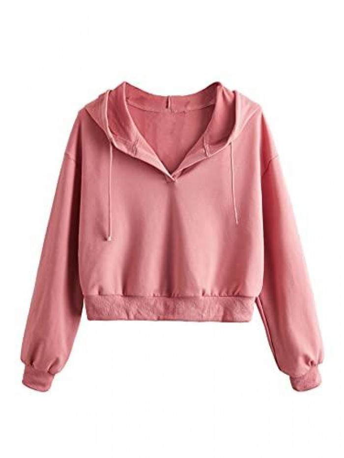 Women's Long Sleeve Drop Shoulder Drawstring Crop Hoodie Sweatshirt 