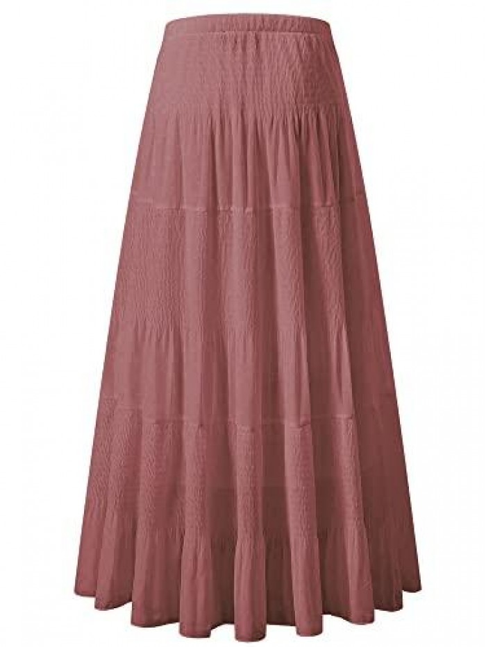 Women's Chiffon Elastic High Waist Pleated A-Line Flared Maxi Skirts 