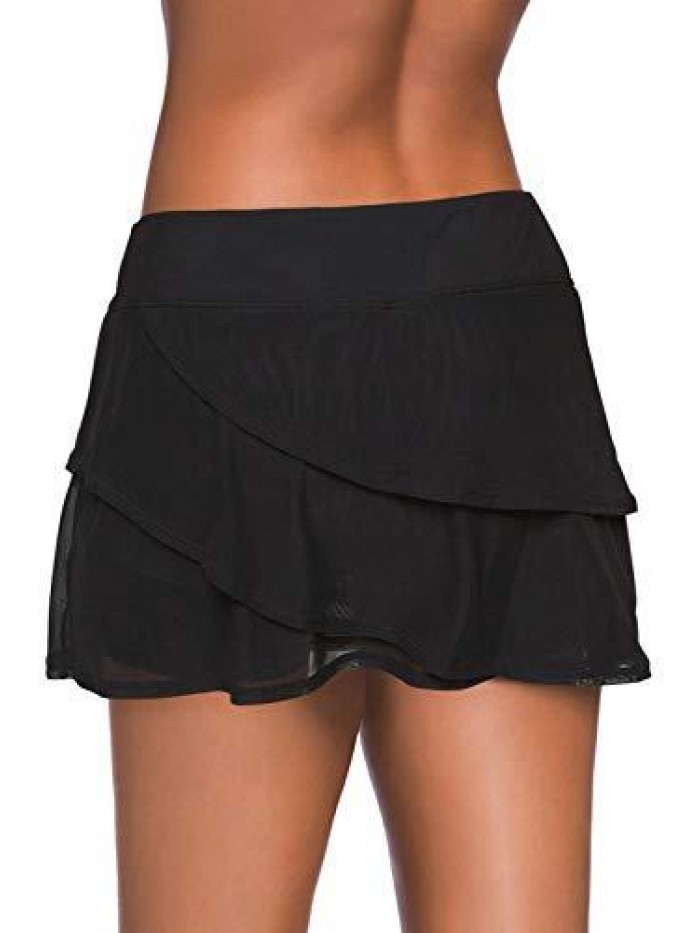 Women's Waistband Layered Swimdress Ruffle Swim Skirt Swimsuit Bottom 