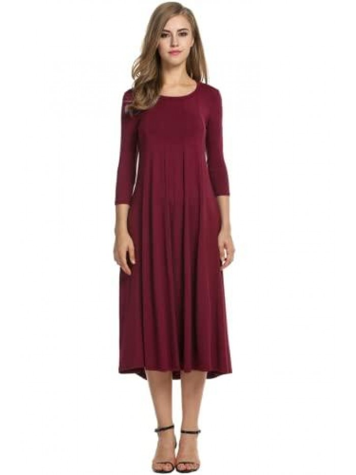 Women's 3/4 Sleeve A-line and Flare Midi Long Dress 