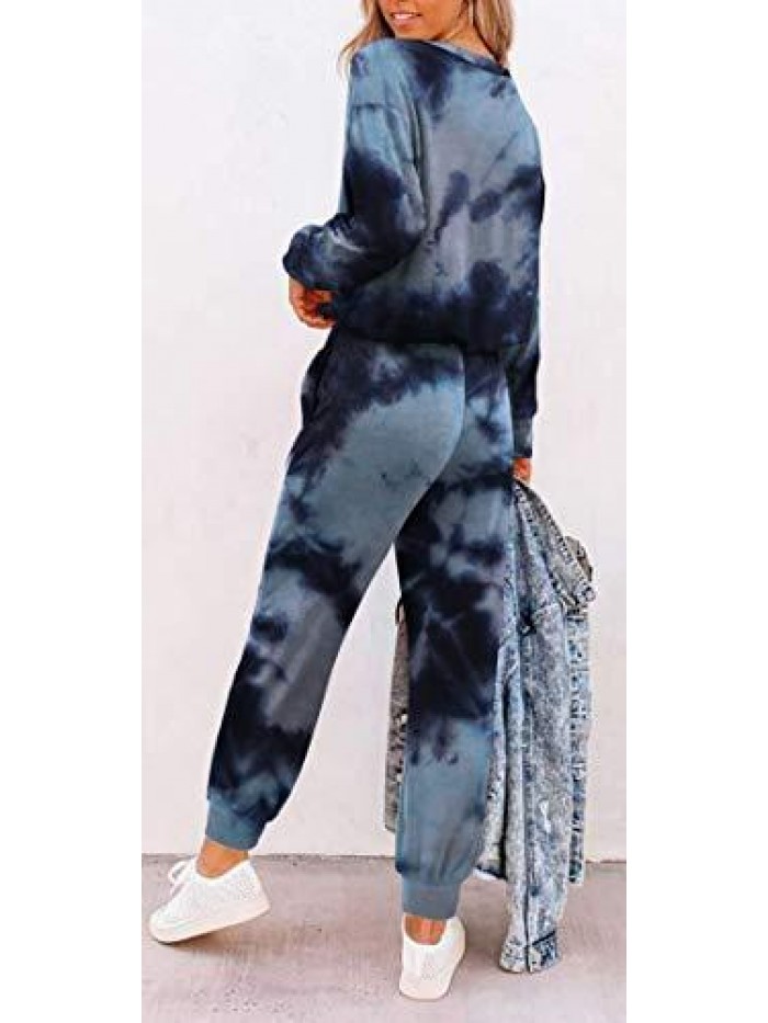 Womens Two Piece Outfits Tie Dye Long Sleeve Pullover Pajamas Sets 