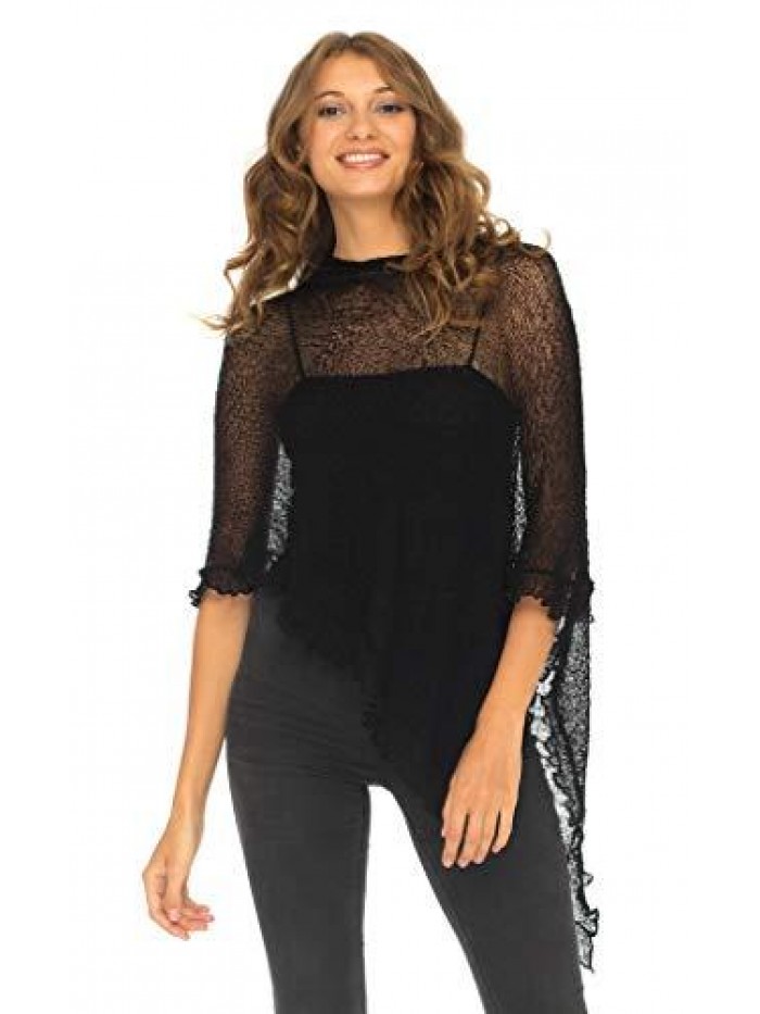 Womens Sheer Poncho Shrug Lightweight Knit Ruffle Pullover Sweater Top 