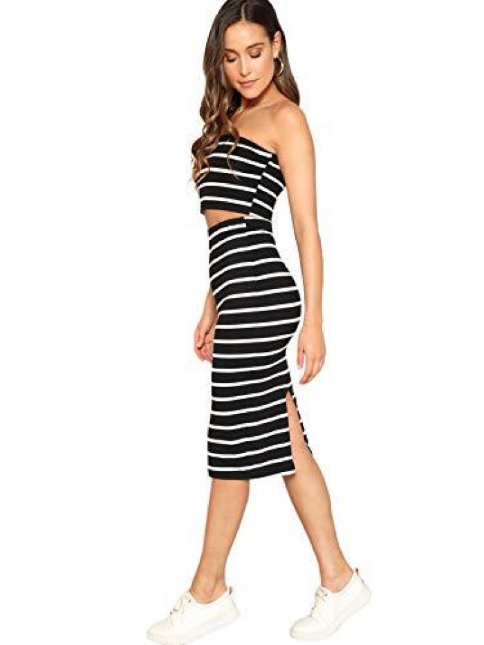 Women's 2 Pieces Striped Crop Bandeau Top and Split Skirt Set 