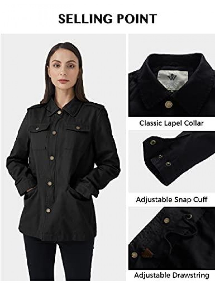 Women's Lapel Light Canvas Twill Cotton Military Jacket with Drawstring 