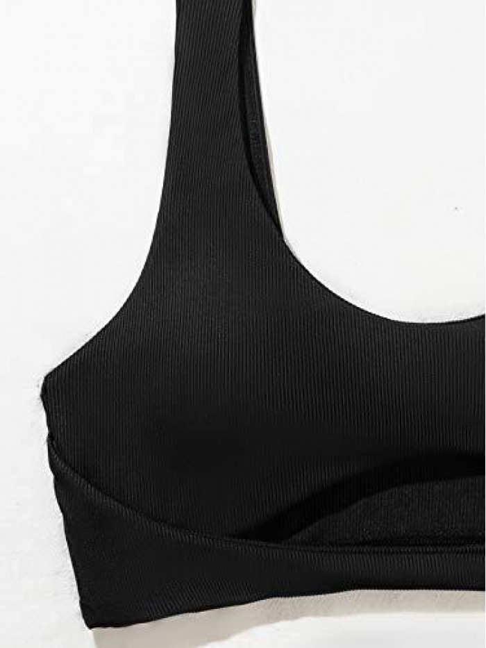 Women's Cut Out Front Scoop Neck Ribbed Swimsuit Bikini Top 