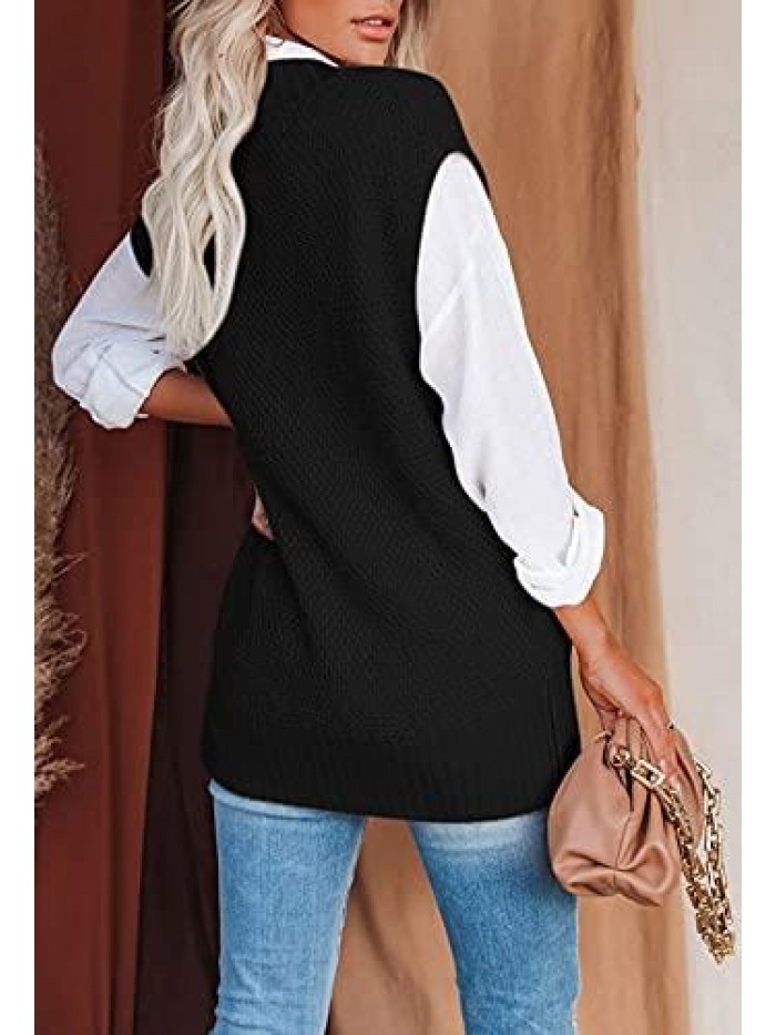 Women's Sweater Vest V Neck Cable Knit Sweaters Loose Pullover Top 