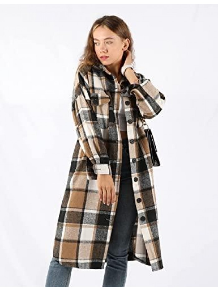 Women's Casual Plaid Lapel Woolen Button Up Pocketed Long Shacket Coat 