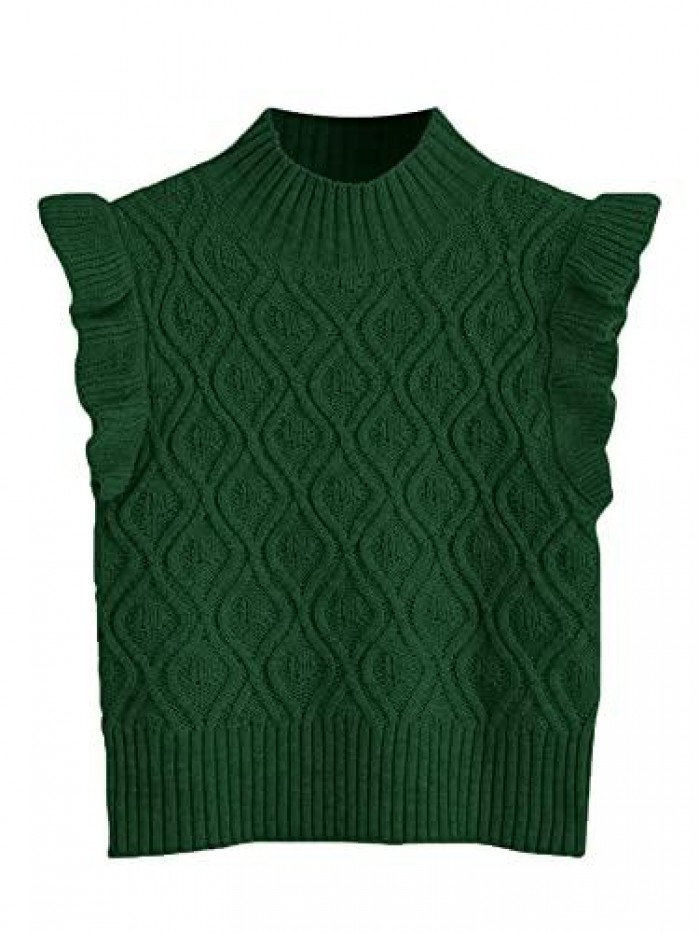 Women's Sleeveless Mock Neck Sweater Ruffle Trim Knit Crop Sweater Vest 