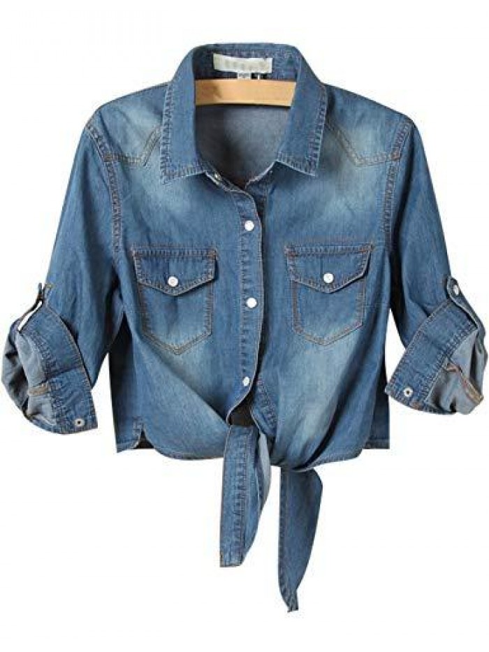 Women's 3/4 Sleeve Denim Crop Top Tie Knot Shirt Cardigan 