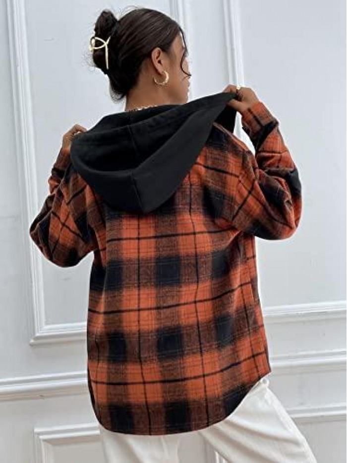 Women's Plaid Print Long Sleeve Drawstring Hoodie Thermal Jacket Coat 