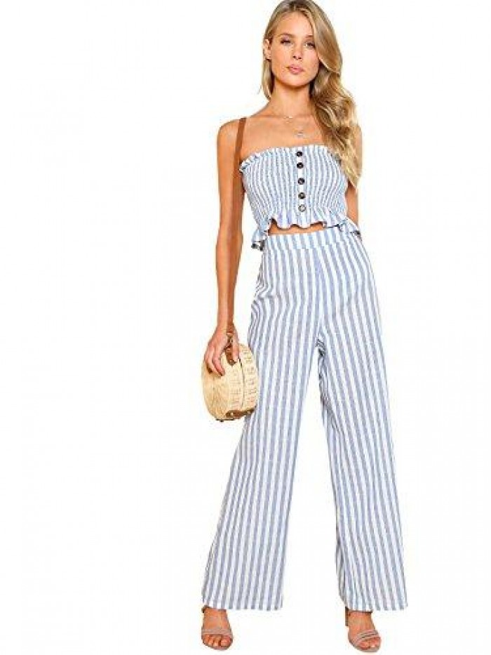 Women's Summer 2 Piece Outfits Strapless Tube Top and Pants Sets 