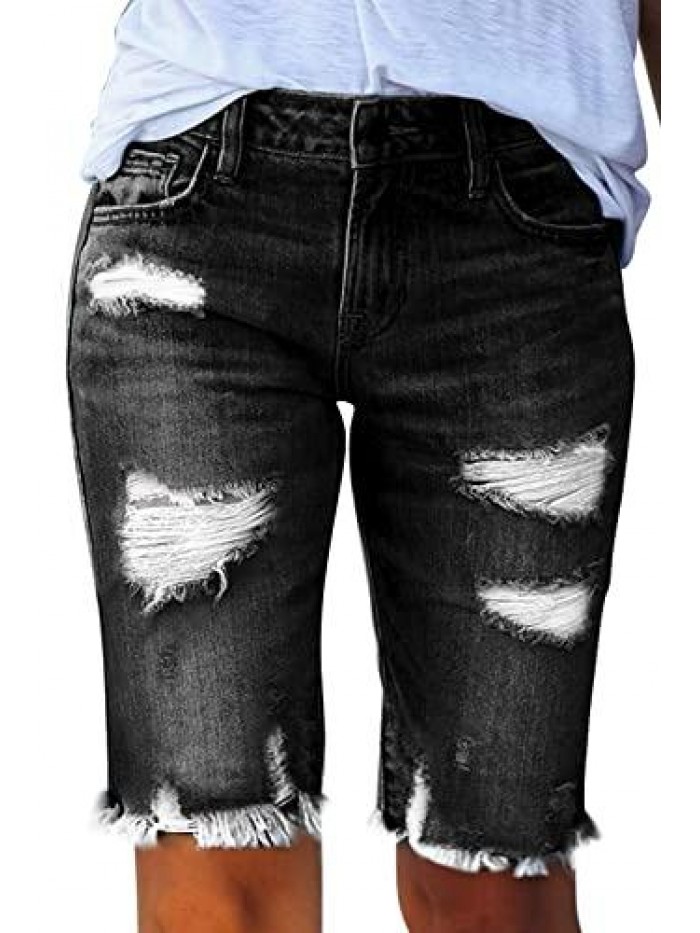 Women Bermuda Shorts Denim Destroyed Raw Hem Shorts Jeans 