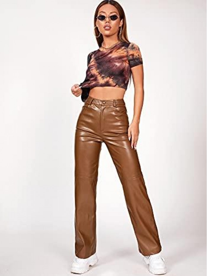 Women's PU High Waist Faux Leather Straight Leg Pants with Pockets 