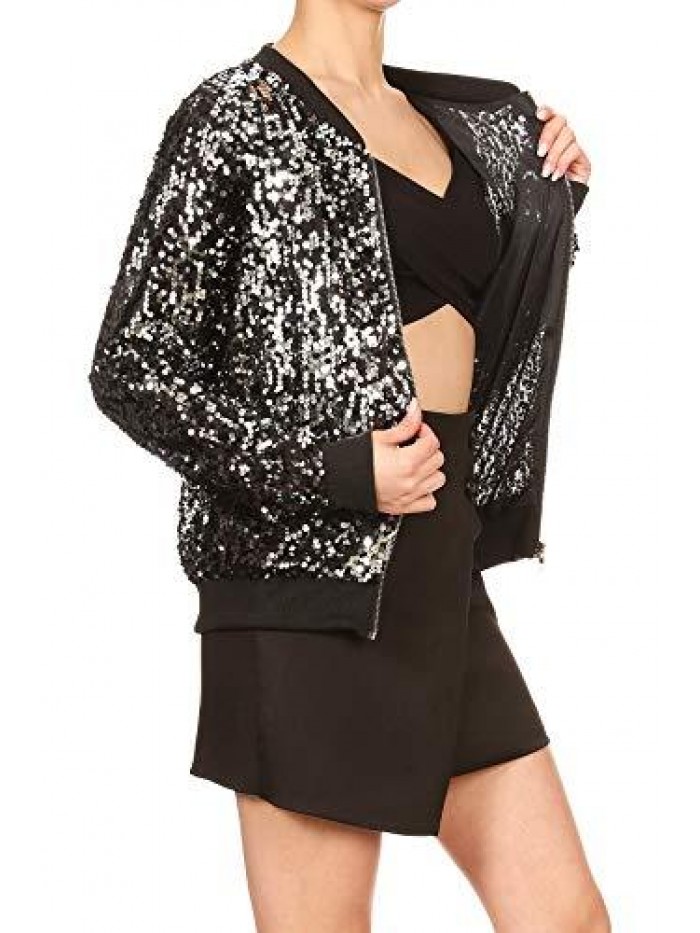 Womens Sequin Long Sleeve Front Zip Jacket with Ribbed Cuffs 