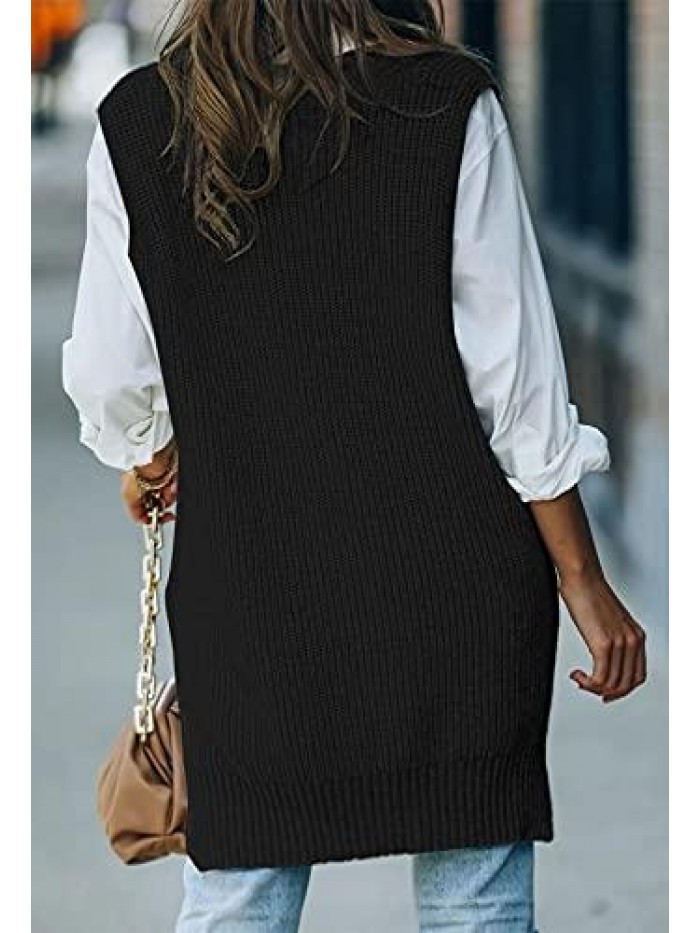 Women's Sweater Vest Chunky Knit Tops V Neck Sleeveless Pullover Sweater 