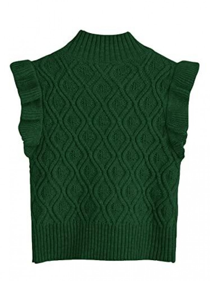 Women's Sleeveless Mock Neck Sweater Ruffle Trim Knit Crop Sweater Vest 