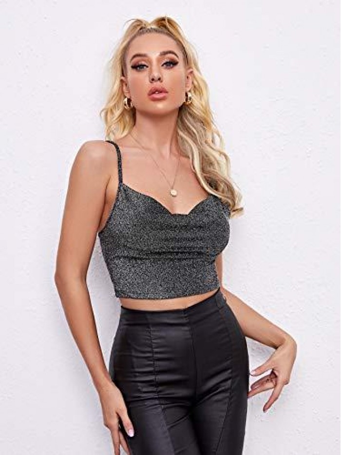 Women's Draped Neck Spaghetti Strap Glitter Cami Crop Top 