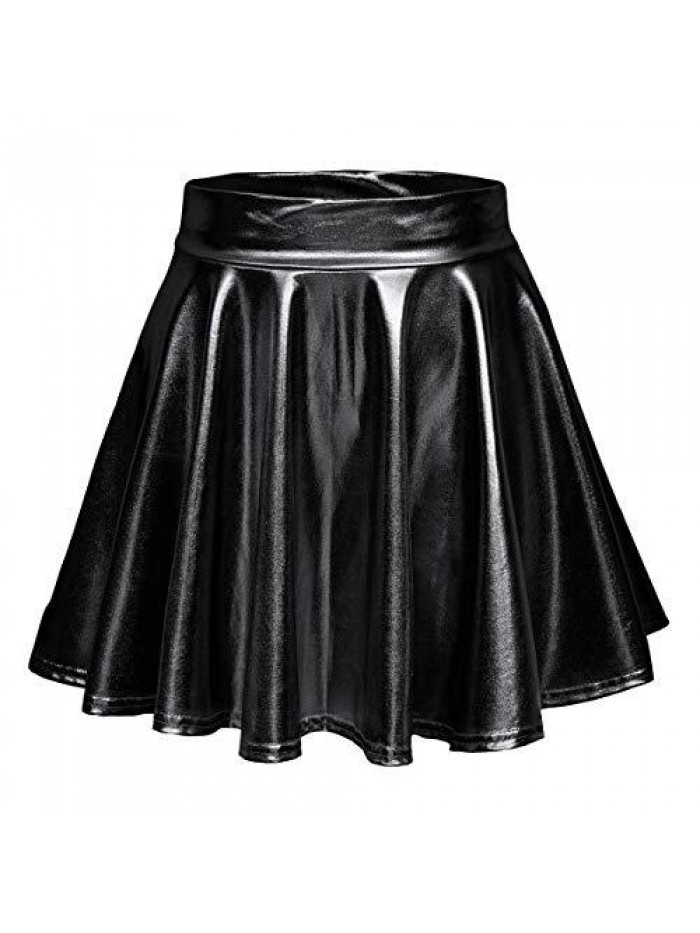 CoCo Women's Shiny Flared Pleated Mini Skater Skirt 