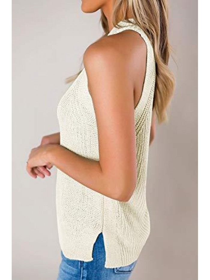 Womens Summer Loose Knit Shirts Sleeveless Halter Neck Sweater Tank Tops 