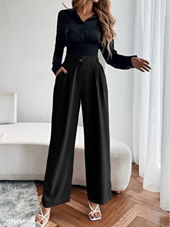 Women's High Waisted Pockets Work Office Palazzo Wide Leg Pants 