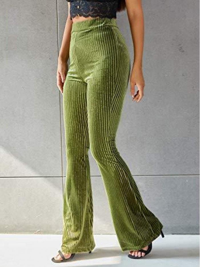 Women's Velvet Elastic Waist Flare Leg Palazzo Long Pants Trousers 