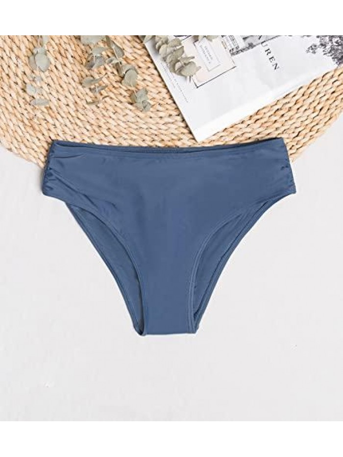 Women's Blue Bikini Bottom Mid Waisted Hipster Bottom 