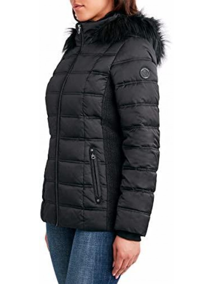 Womens Faux Fur Trim Hooded Midweight Puffer Jacket 