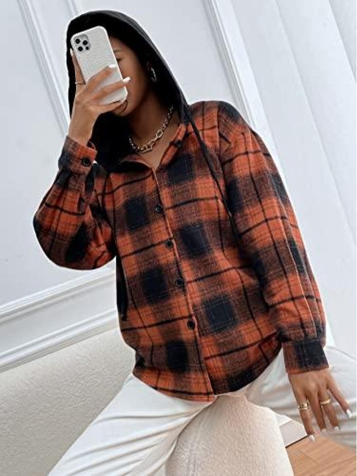 Women's Plaid Print Long Sleeve Drawstring Hoodie Thermal Jacket Coat 