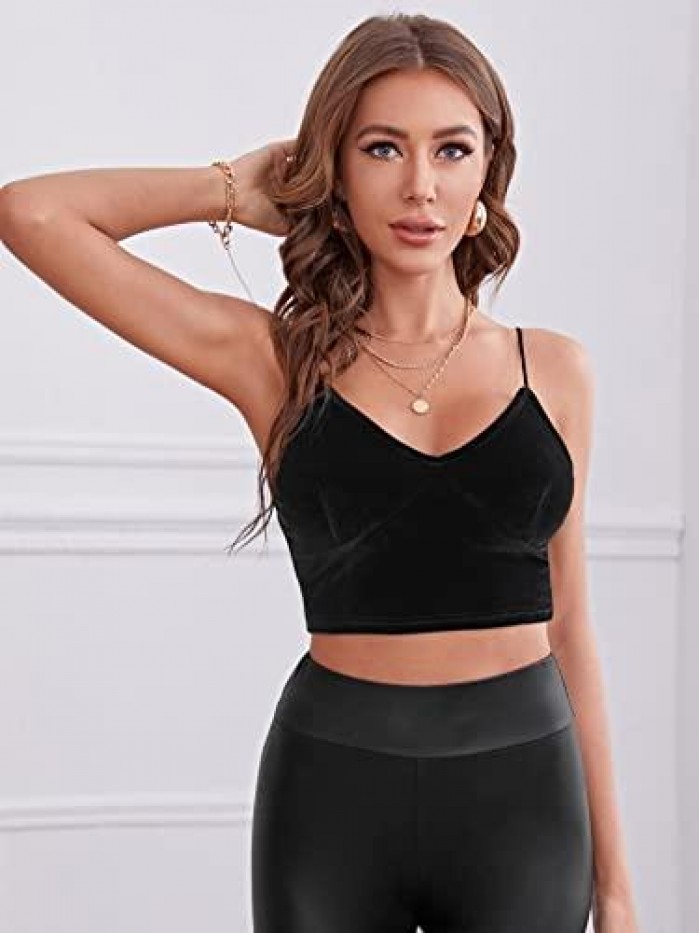 Women's Basic Strappy Velvet V Neck Vest Crop Cami Top 