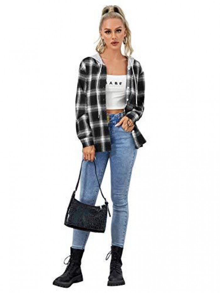 Women's Plaid Button Front Long Sleeve Drawstring Hoodie Overshirt Jacket 