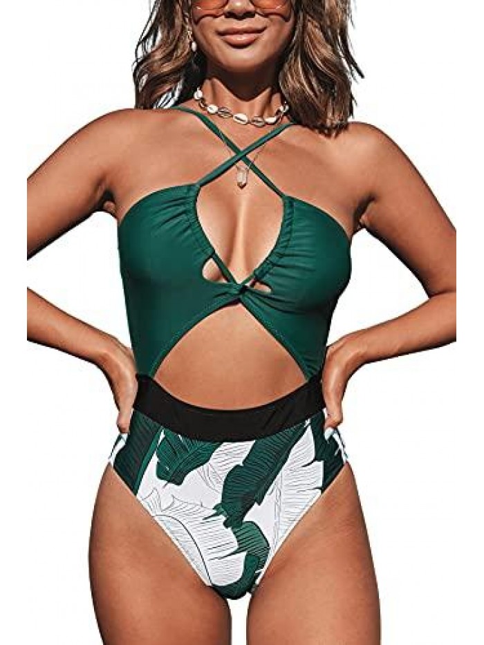 Women's One Piece Swimsuit Plunge Neckline Cutout Criss Cross Bathing Suit 