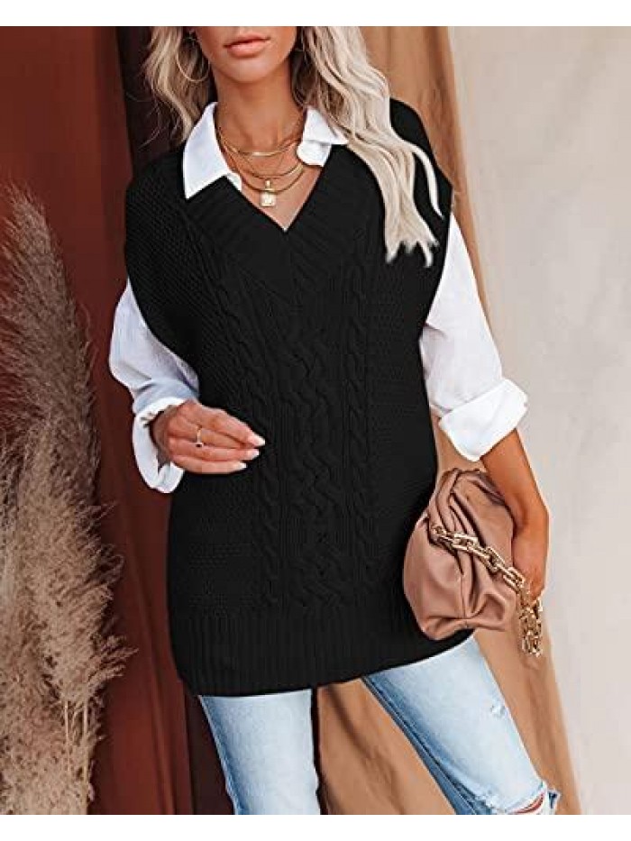 Women's Sweater Vest V Neck Cable Knit Sweaters Loose Pullover Top 