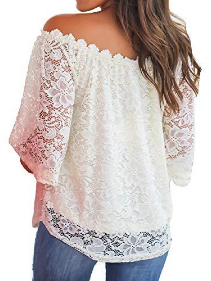 Women's Lace Off Shoulder Tops Casual Loose Blouse Shirts 