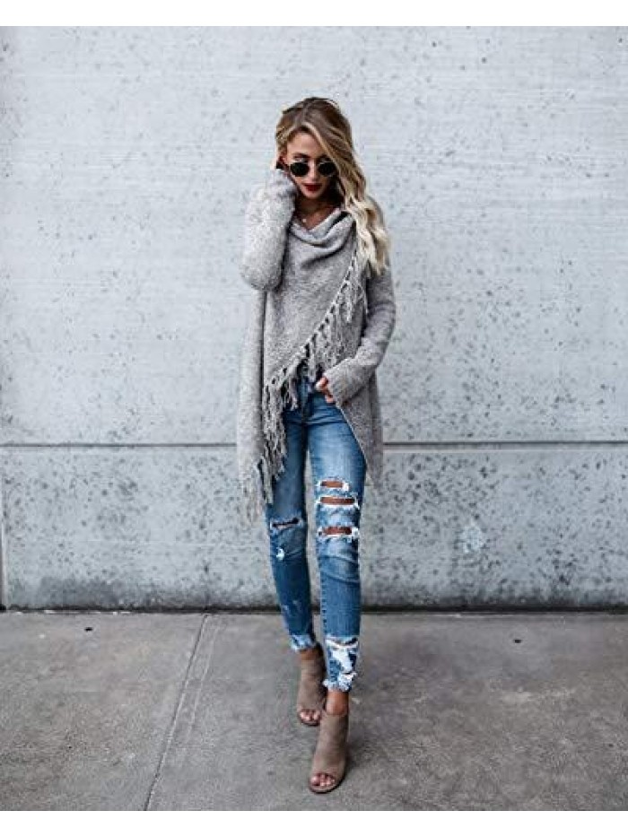 Women's Tassel Hem Sweater Long Cardigan Knitwer Pullover Poncho Coat 