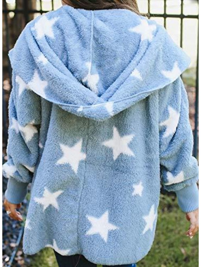 Womens Open Front Hooded Long Sleeve Cardigan Fleece Outwear with Pocket 