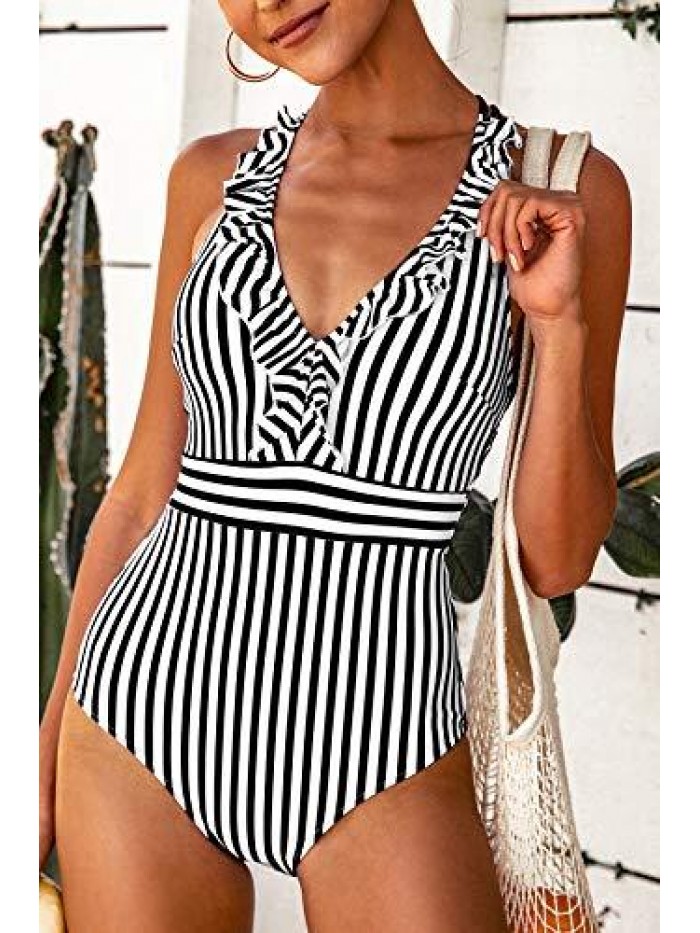 Women's V Neck One Piece Swimsuit Ruffled Back Cross Swimwear 