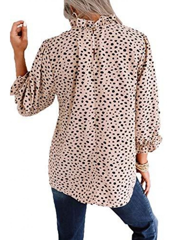 Women's Leopard Printed Ruffle Hem Long Sleeve Mock Neck Blouses Top 