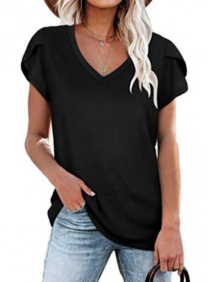 Womens Tops V Neck Summer Petal Sleeve Casual Tshirts 