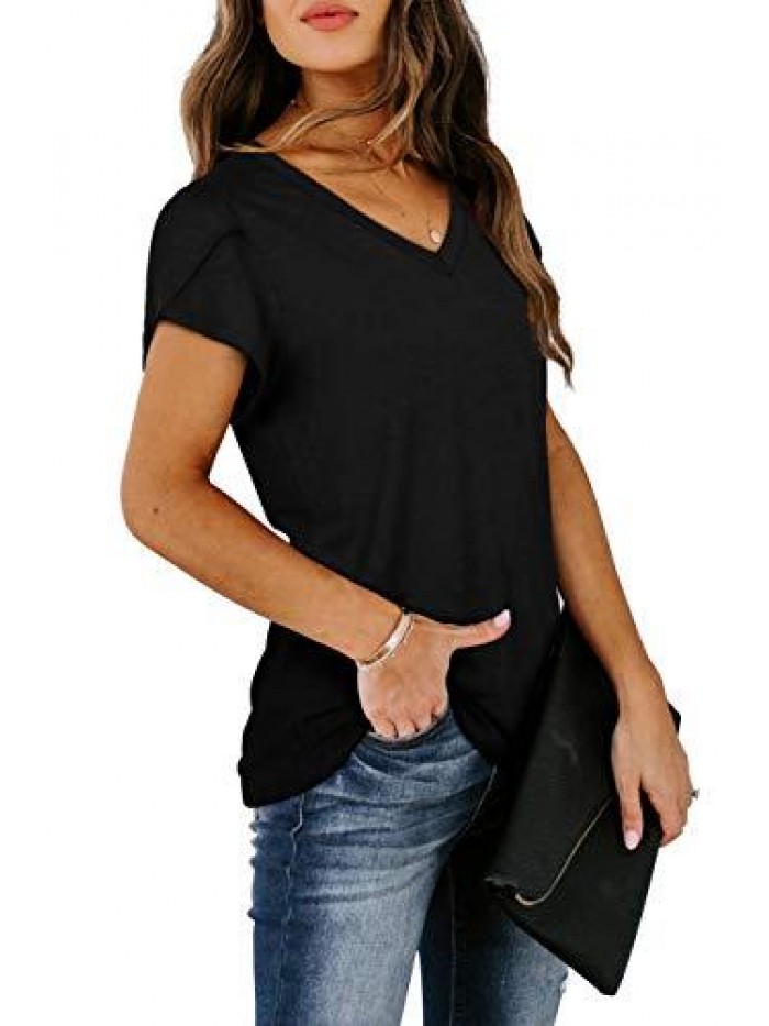 Womens Tops V Neck Summer Petal Sleeve Casual Tshirts 