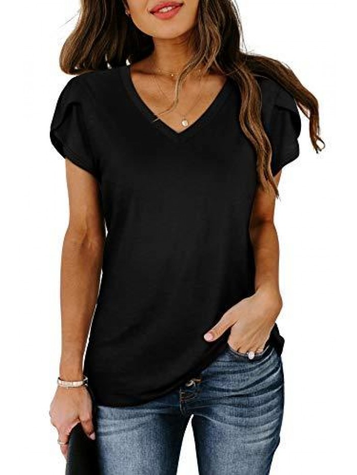 Womens Tops V Neck Summer Petal Sleeve Casual Tshirts 