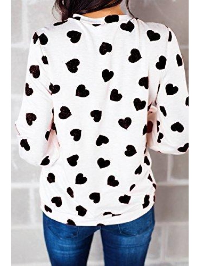 Womens Long Sleeve Heart Prints Blouse Crew Neck Valentines Tshirt Sweatshirt 