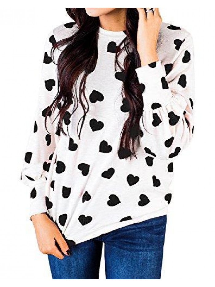 Womens Long Sleeve Heart Prints Blouse Crew Neck Valentines Tshirt Sweatshirt 