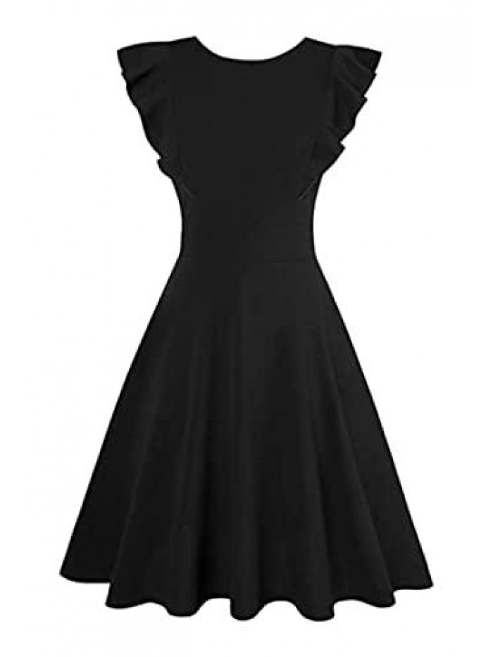 Womens Dresses Elegant Ruffles Cap Sleeves Summer A-Line Midi Dress 