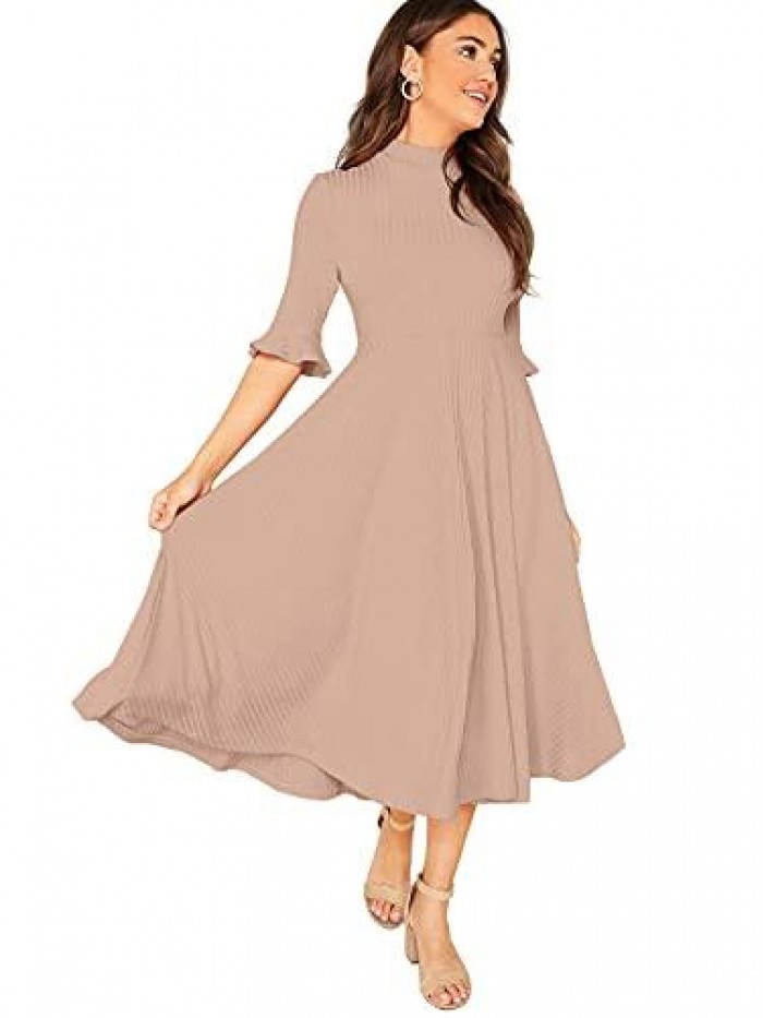 Women's Elegant Ribbed Knit Bell Sleeve Fit and Flare Midi Dress 