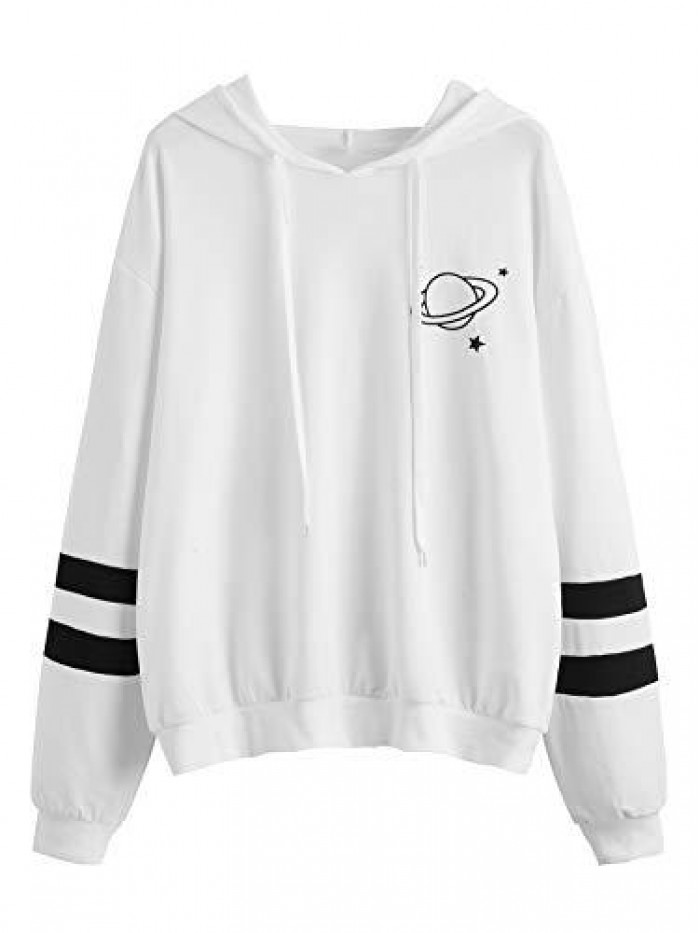 Women's Planet Print Varsity Striped Drawstring Pullover Sweatshirt Hoodies Tops 